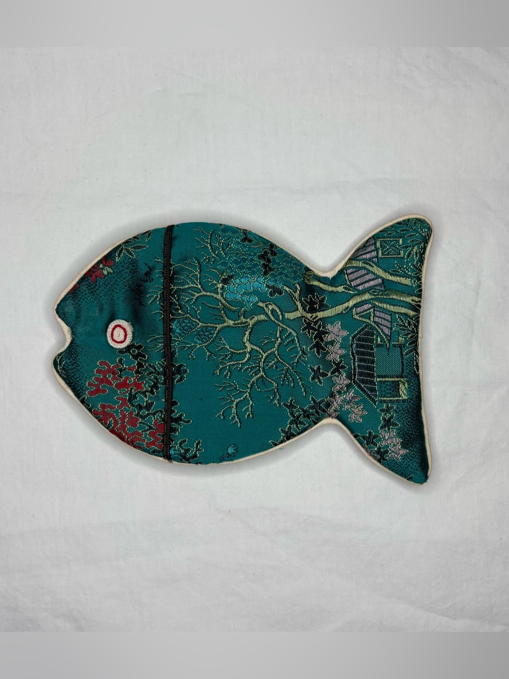 1960s Chinese Embroidered Silk Brocade Fish Shaped Coin Purse